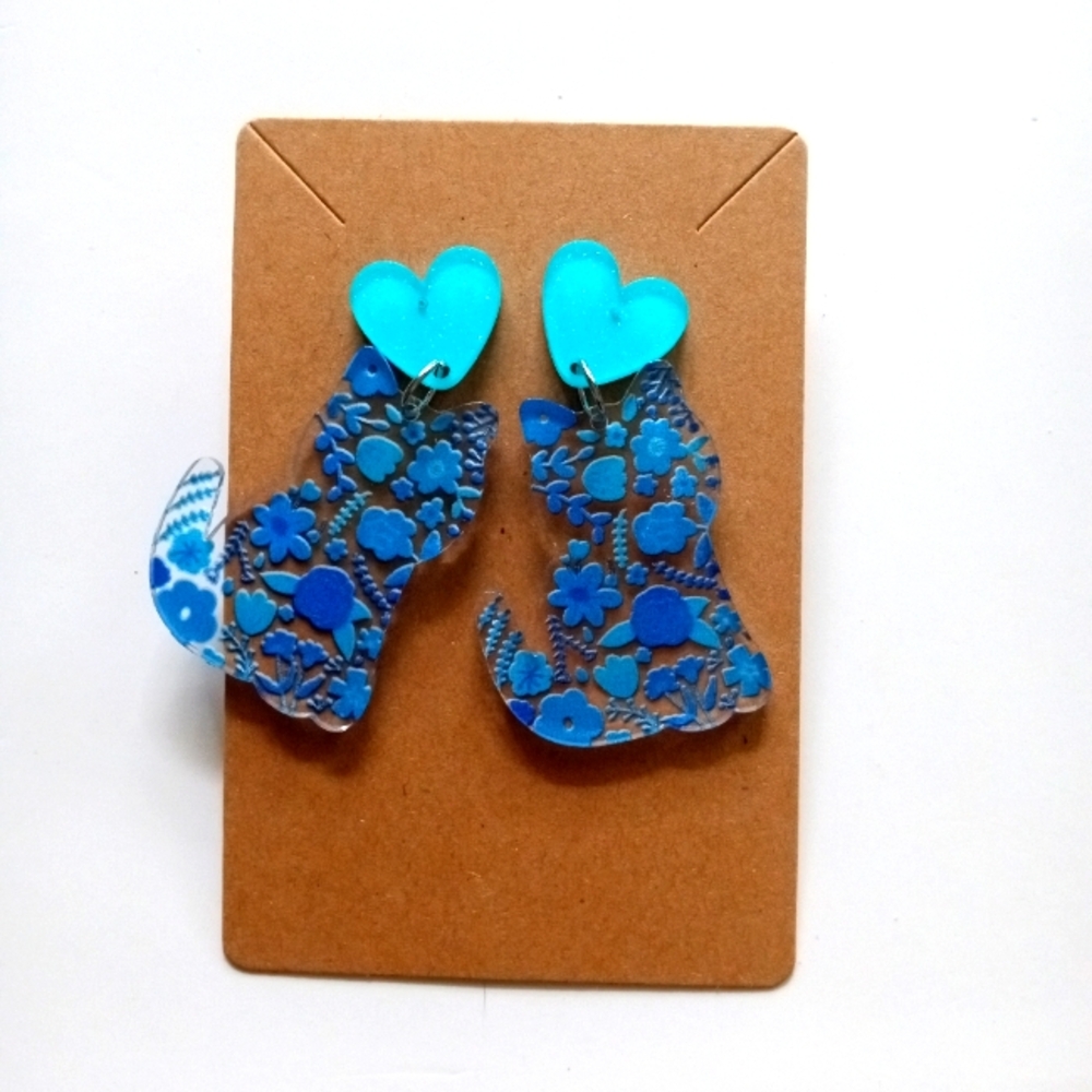 Blue Cat Earrings with Heart Accents